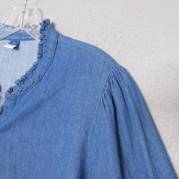 Old Navy Top Women Large Tall Blue Chambray Cotton Button Up Ruffle‎ Collar - Picture 3 of 12